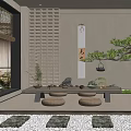 Japanese Tea Room Interior With Tatami Low Table Bamboo Blinds And Potted Plants