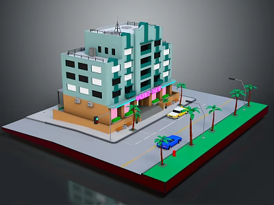 Modern Light Blue Beige Multi Storey Building With Windows Pink Signage Palm Trees Street Cars 3d model