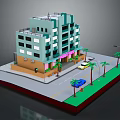 Modern Light Blue Beige Multi Storey Building With Windows Pink Signage Palm Trees Street Cars