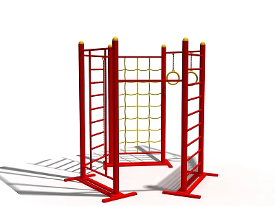 Outdoor Sports Playground Equipment With Red Frame Yellow Climbing Net Ladder And Rings 3d model