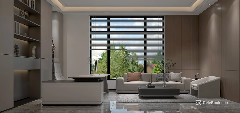 Modern Office Interior Design with Large Windows Blinds Sofa Coffee Table And Green Trees Outside 3d model