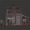 Vintage Wooden Cabin Mining Supply Store With Ladder And Wooden Barrel Exterior