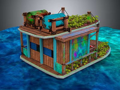 Floating Wooden House Structure With Green Plants On Roof And Colorful Exterior In Blue Water 3d model