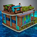 Floating Wooden House Structure With Green Plants On Roof And Colorful Exterior In Blue Water