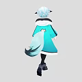 Anime Woman with Blue White Hair Cat Ears Wearing White Cropped Top Black Teal Coat