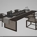 Elegant Wooden Table And Armrest Chairs With Woven Design Linen Cushions Tea Set And Plant