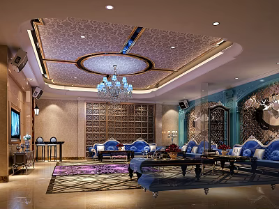 Luxurious KTV Interior With Blue Sofas Chandelier Decorative Ceiling Coffee Tables And TV 3d model