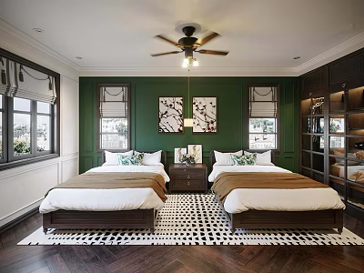 Kids Bedroom Interior Design With Green Walls Two Twin Beds Ceiling Fan And Checkered Rug 3d model