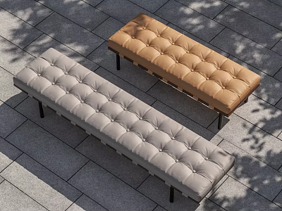 Gray and Brown Tufted Benches on Gray Tiled Floor With Tree Shadows 3d model