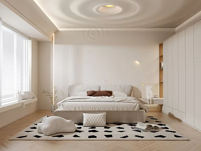 Modern Bedroom with White Bed Geometric Rug Plush Toy Window Blinds and Ceiling Light 3d model