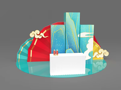 Traditional Chinese Photo Check in Spot With Red Blue Structures Cloud Decorations White Platform 3d model