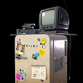 Vintage CRT Television Placed on a Cabinet with Colorful Stickers and Decorations