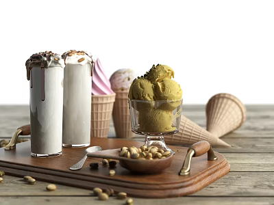 Decorative Ice Cream Ornament Set with Scoops Cones Milkshake Cups and Pistachios on Wooden Tray 3d model