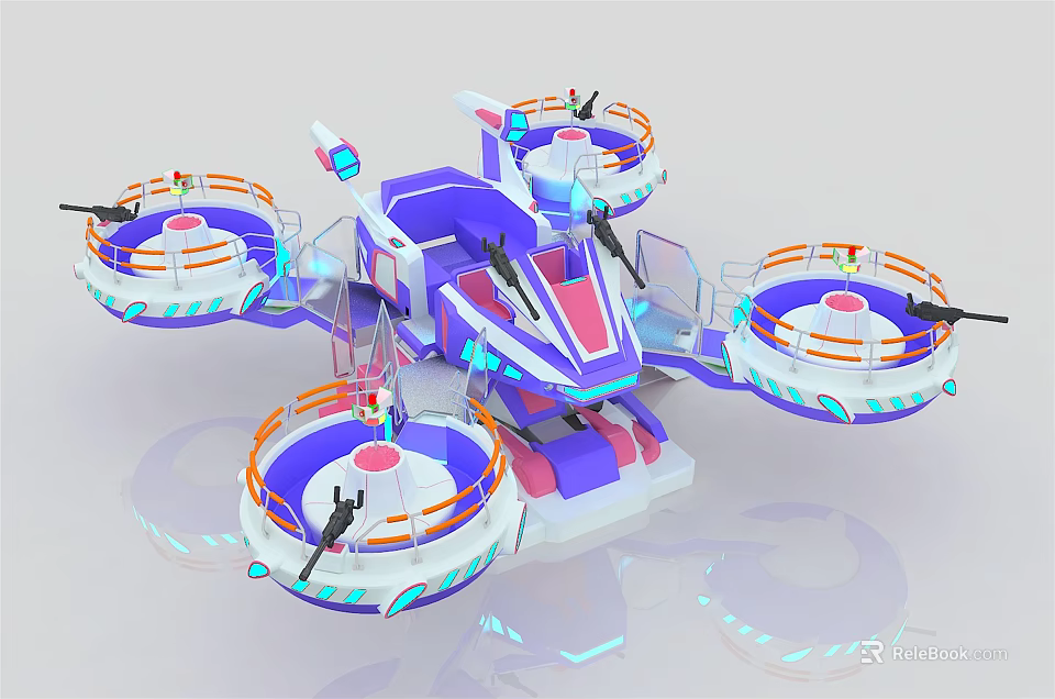 Purple Blue And White Rotating Amusement Rides With Circular Cabins And Illuminated Decorations 3d model 