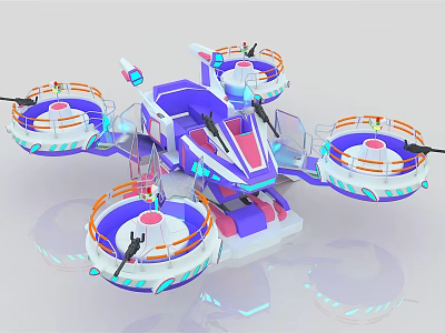 Purple Blue And White Rotating Amusement Rides With Circular Cabins And Illuminated Decorations 3d model