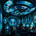 Modern KTV Interior With Blue Lighting Circular Ceiling Light Hexagonal Wall Decor Sofa And Bar