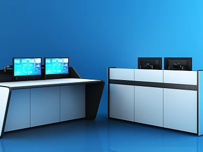 Modern Industrial Equipment Console With Multiple Display Screens And Metal Cabinets 3d model