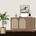 Wooden Entryway Console Cabinet with Lattice Doors Drawers and Potted Plant Decor