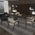 Modern Dining Table Set With Wooden Tabletop Chairs Bookshelves And Hanging Lights