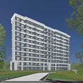 Modern High Rise Residential Building with Lush Green Trees Lawns White Exterior and Windows