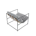 Modern Minimalist Single Sofa With Gray Fabric Cushion And Black Metal Frame Wooden Slats Design