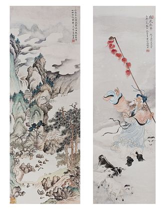 New Chinese-style Landscape Painting Mountain Rock Landscape Figure Hanging Painting Combination 3d model