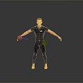 Male Character in Black Outfit Standing With Orange Creature Against Gray Background
