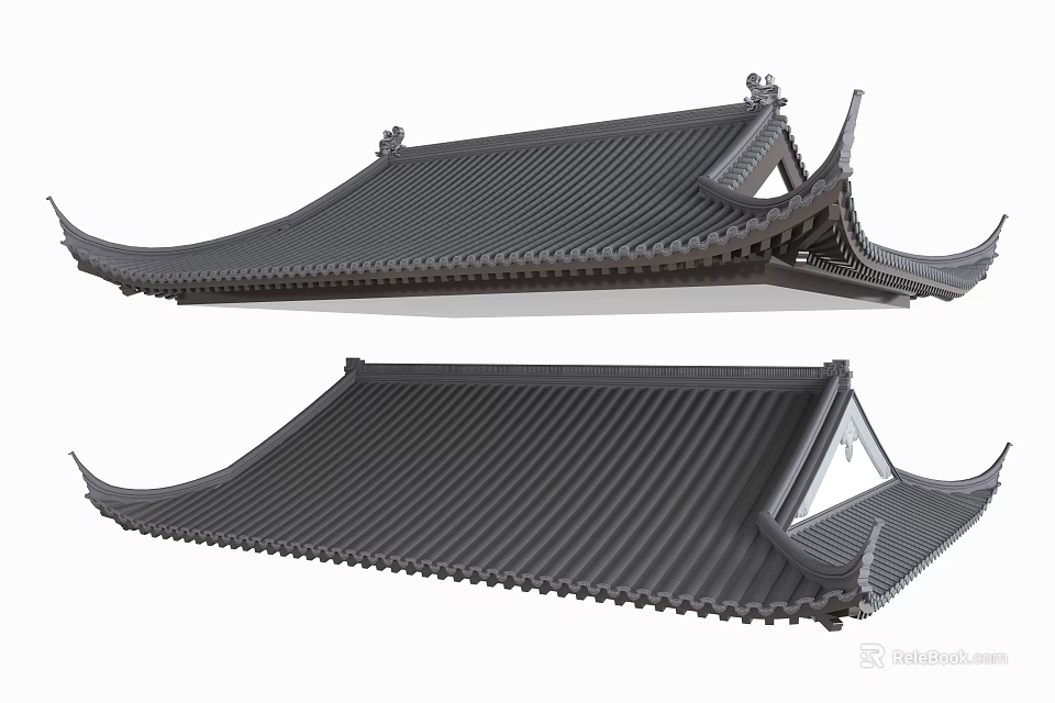 Traditional Chinese Architectural Roof Components With Curved Eaves And Decorative Tile Ridges 3d model 