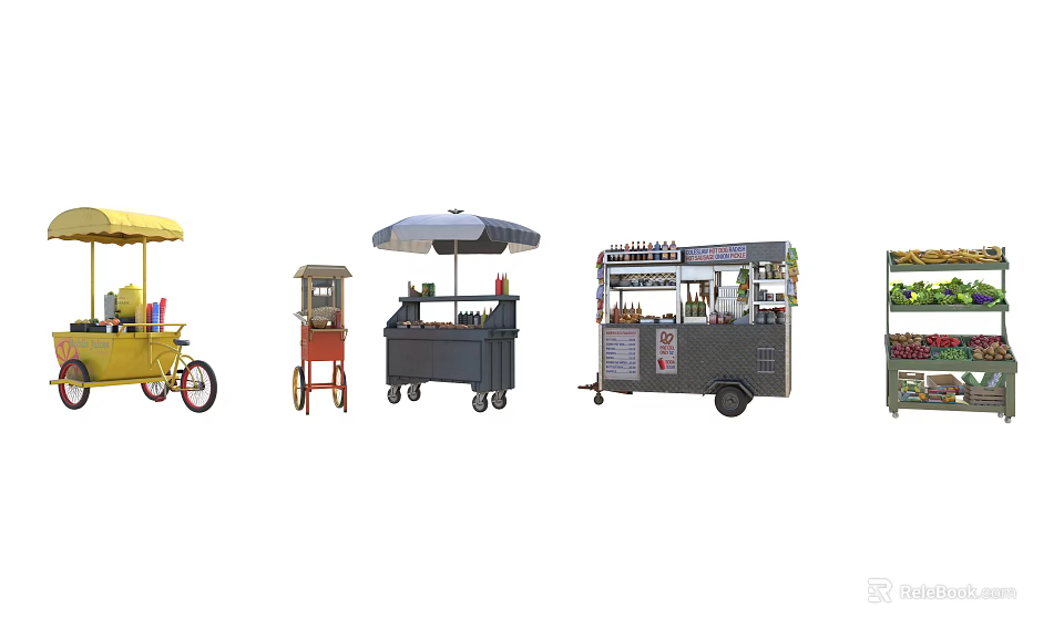 Various Mobile Food Carts And Street Vendor Stalls With Umbrellas And Displays 3d model 