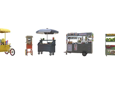 Various Mobile Food Carts And Street Vendor Stalls With Umbrellas And Displays 3d model