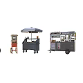 Various Mobile Food Carts And Street Vendor Stalls With Umbrellas And Displays