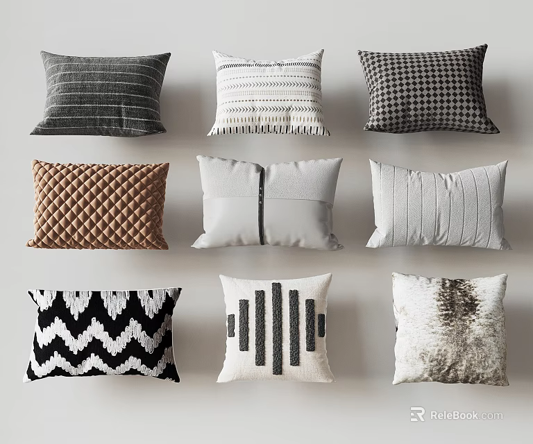 Stylish Decorative Throw Pillows with Various Patterns Textures and Neutral Tones 3d model