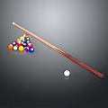 Billiard Accessories With Wooden Cue Colored Balls In Triangle Rack And White Cue Ball