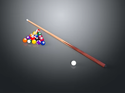 Billiard Accessories With Wooden Cue Colored Balls In Triangle Rack And White Cue Ball 3d model