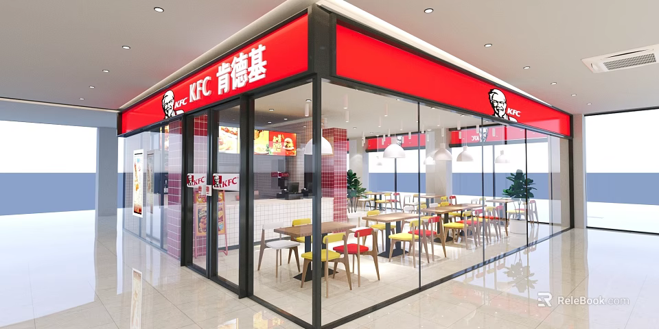 KFC Restaurant Red Signage Glass Facade Modern Interior With Tables And Chairs 3d model 