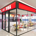 KFC Restaurant Red Signage Glass Facade Modern Interior With Tables And Chairs