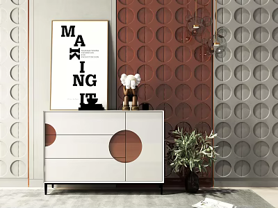 Modern Console Side Cabinet with White Circular Design Decorative Vase Green Plant and Geometric Wall 3d model