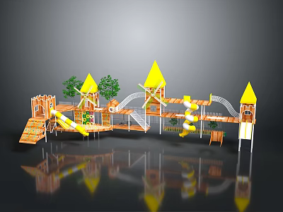 Colorful Children's Playground Equipment With Slides Towers Climbing Nets And Wooden Structures 3d model
