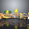 Colorful Children's Playground Equipment With Slides Towers Climbing Nets And Wooden Structures