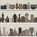 Minimalist Ceramic Vessels Collection On Shelves With Various Natural Shapes And Tones