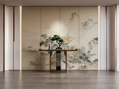 Wooden Console Table With Landscape Mural And Green Plant In Entryway Interior Design 3d model
