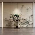 Wooden Console Table With Landscape Mural And Green Plant In Entryway Interior Design