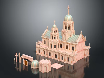 Ancient Church Style Architecture Model With Pink Exterior Green Roofs Domes Towers And Crosses 3d model