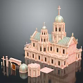 Ancient Church Style Architecture Model With Pink Exterior Green Roofs Domes Towers And Crosses