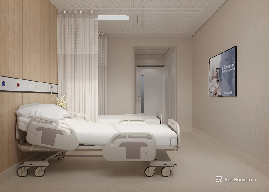 Hospital Outpatient Ward Room With Mobile Medical Bed Curtains And Wall TV 3d model 