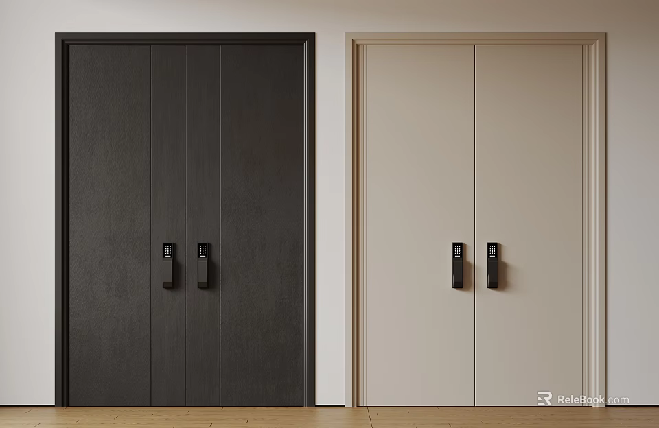 Modern Minimalist Dark Gray And Beige Double Doors With Black Handles In Interior Design 3d model 
