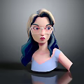 3D Stylized Game Movie Character With Long Hair Glasses And Light Blue Top