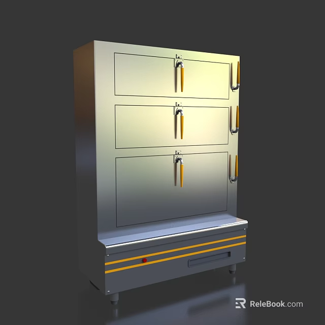 Stainless Steel Kitchen Appliance with Vertical Design Three Doors Yellow Handles and Bottom Stripes 3d model 