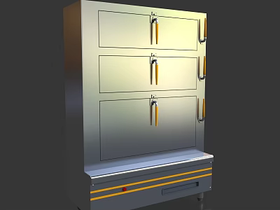 Stainless Steel Kitchen Appliance with Vertical Design Three Doors Yellow Handles and Bottom Stripes 3d model