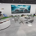 Modern Car Showroom Interior Featuring Green Sports Car With Open Hood Displaying Engine And Sofas